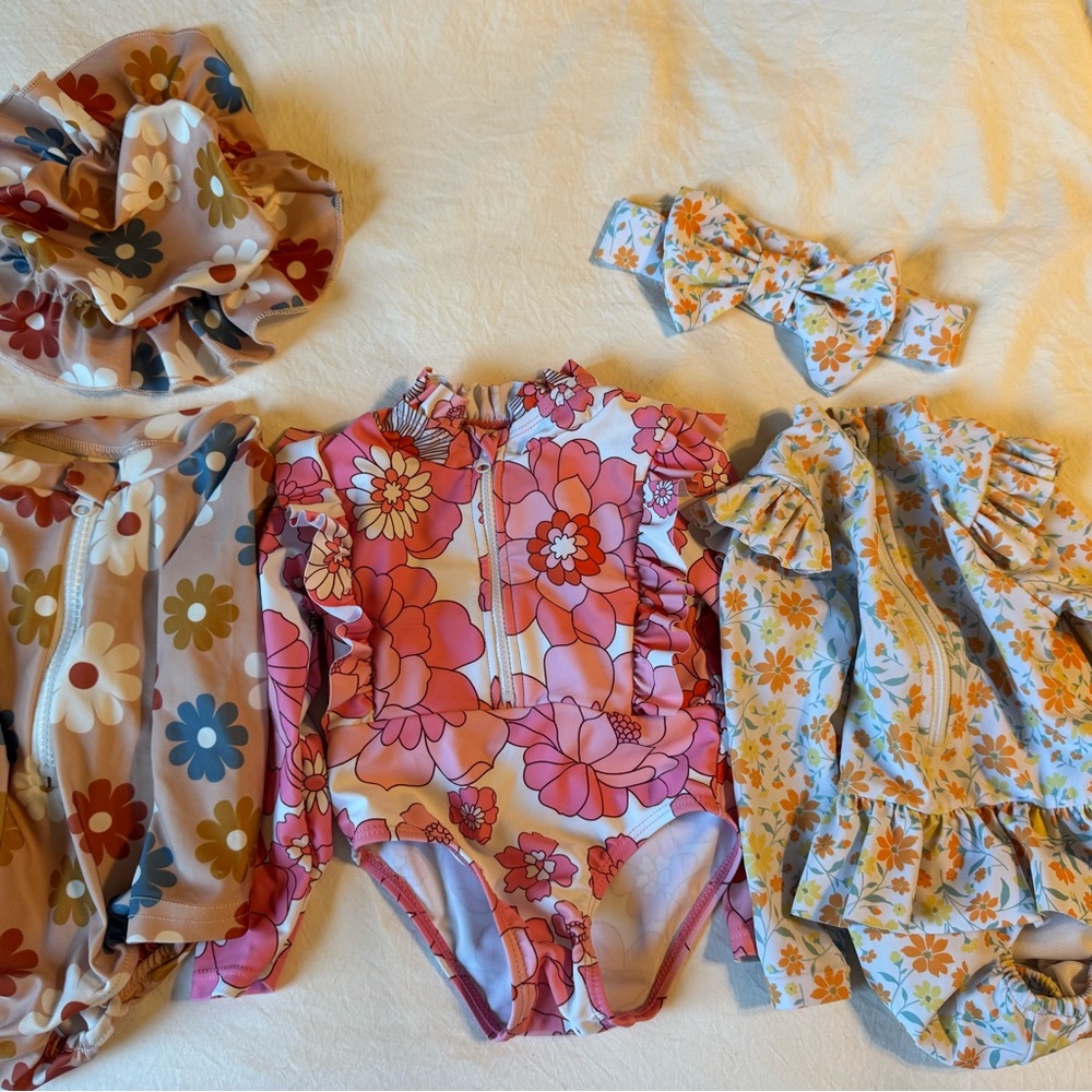 Floral Pink and Orange Kids Swim Rashguards